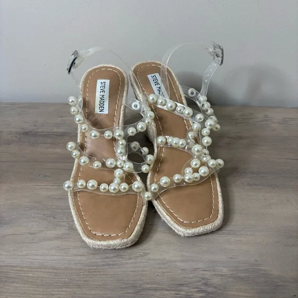 NWOT Steve Madden Upright Vinyl Pearl Studded Strappy Espadrille Wedges Size 7.5 - Picture 5 of 9